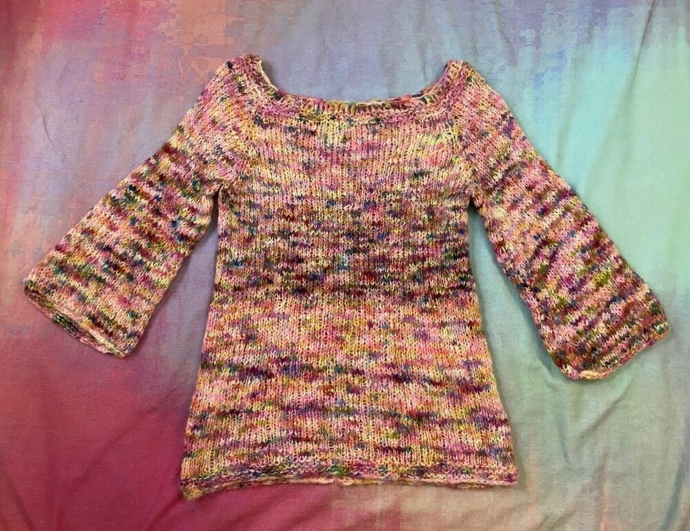 Vintage 90s Handknit Fuzzy Bell Sleeve Sweater Rainbow Ombre Angora Fairy Sz M